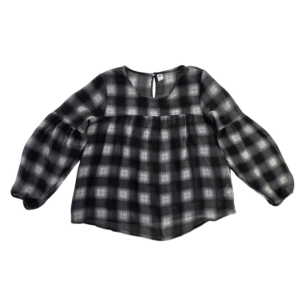 Old Navy Plaid Babydoll Gauze Blouse Size L Long Sleeve Keyhole Black White
